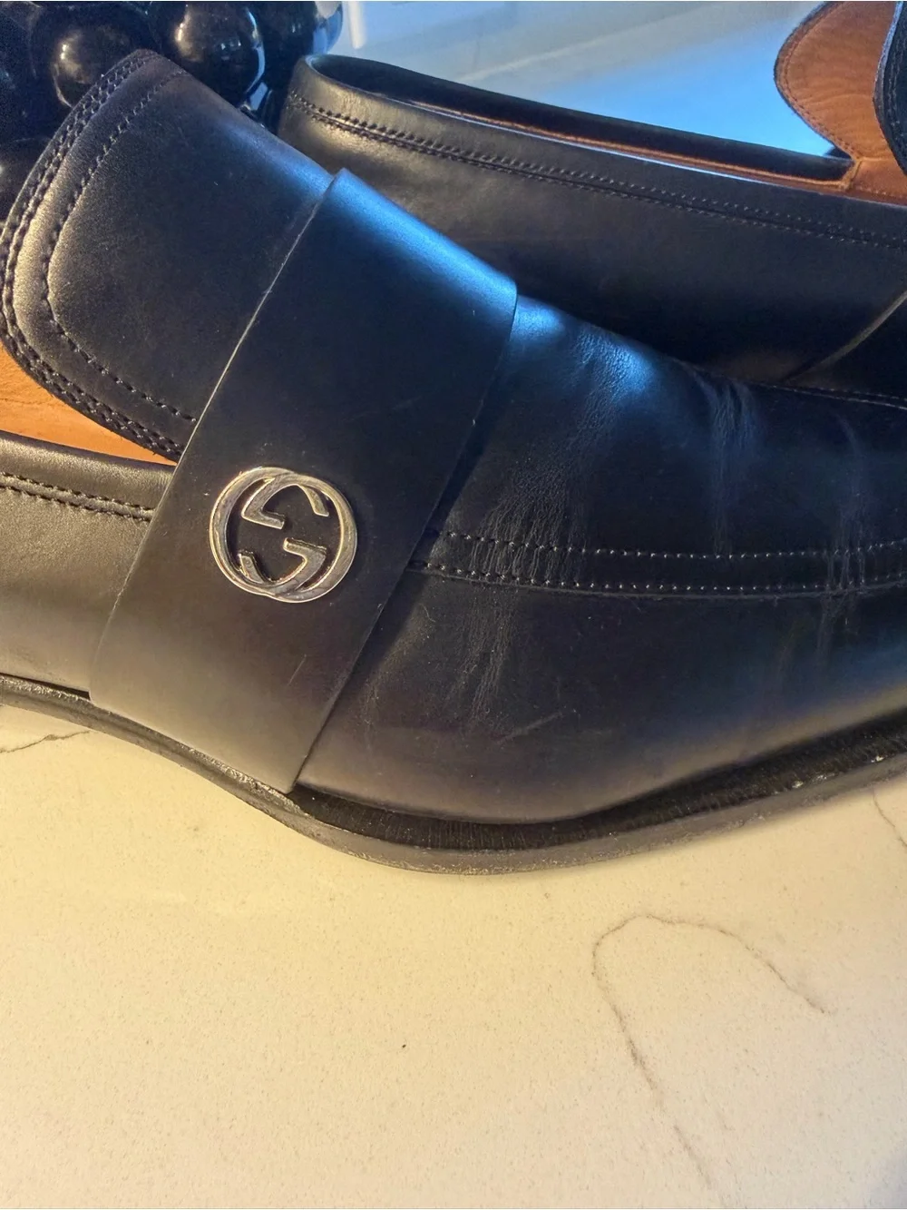 Gucci Black Leather Slip-On Loafers with Silver Interlocking G